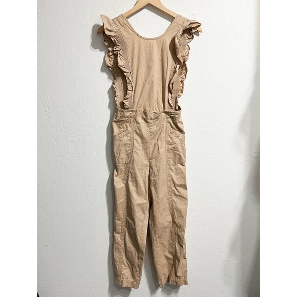 Ganni Jumpsuit Overalls Womens Sz 34 Small Ruffle Khaki Tan Pants Phillips - Picture 1 of 7